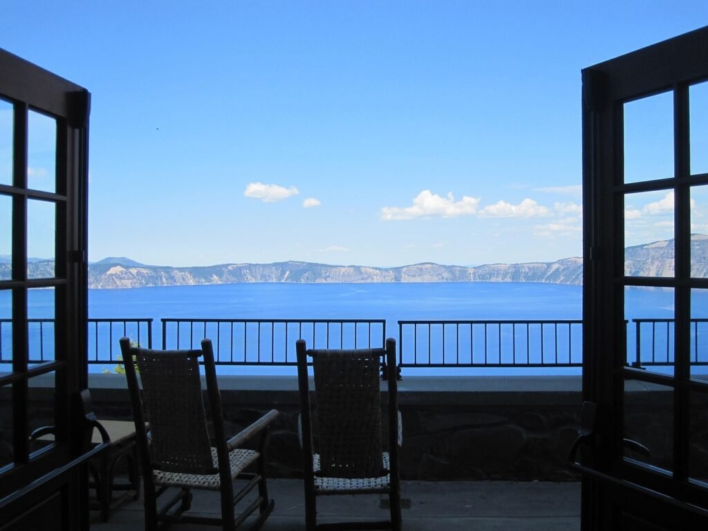patio, stoop, nature, porch, veranda, verandah, crater, lake, deep blue, landscape, oregon